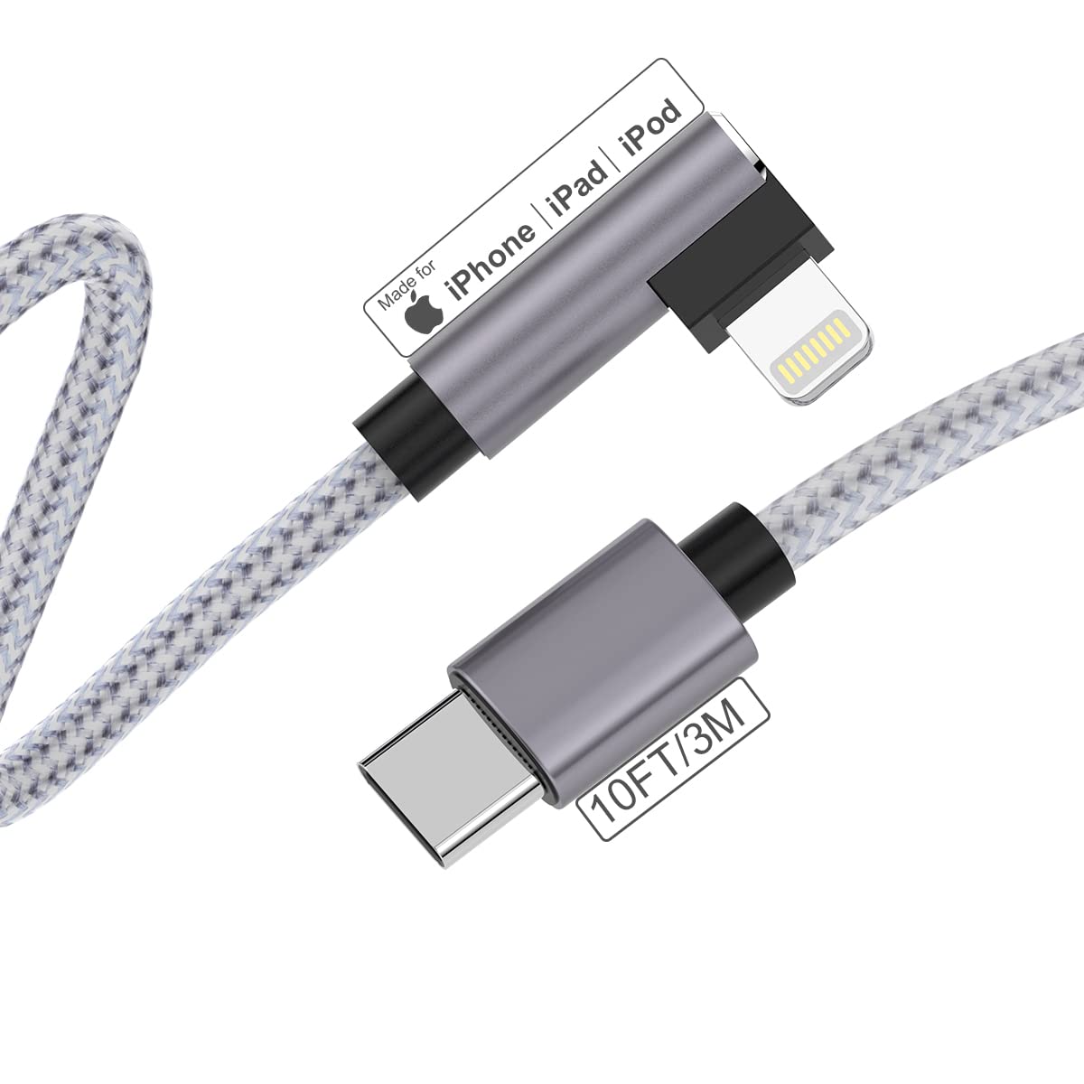 90 Degree Iphone Charger Cable 10Ft Mfi Certified Right Angle Iphone Charger Nylon Braided Lightning To Usb C Pd Fast Charging Cable Data Sync Cord Compatible With Iphone 14/13/Pro/12/Max/11/X/Xs/Xr/8