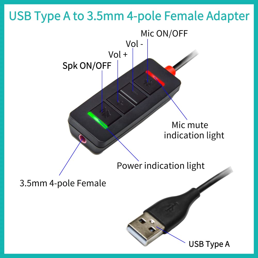 3.5 Mm To Usb Adapter Headset Headphone Cable 3.28 Ft, Mic Supported & Speaker Volume Up Down In Line For Pc Laptop Computer