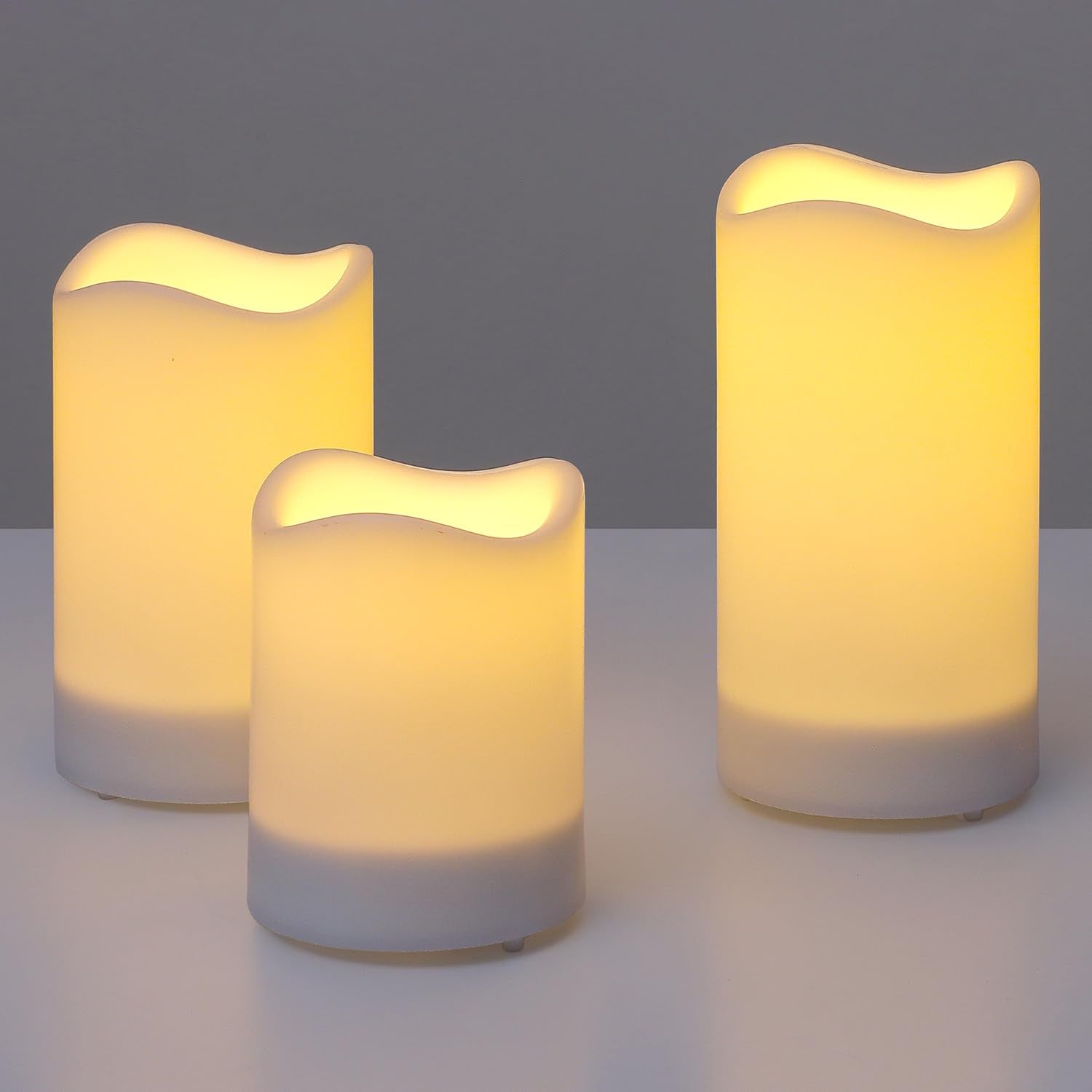 Octmustard Outdoor Solar Flameless Candles 4'' 5'' 6'' Set Of 3 White Dirpless Pillars Include Realistic Flashing Led Flames And