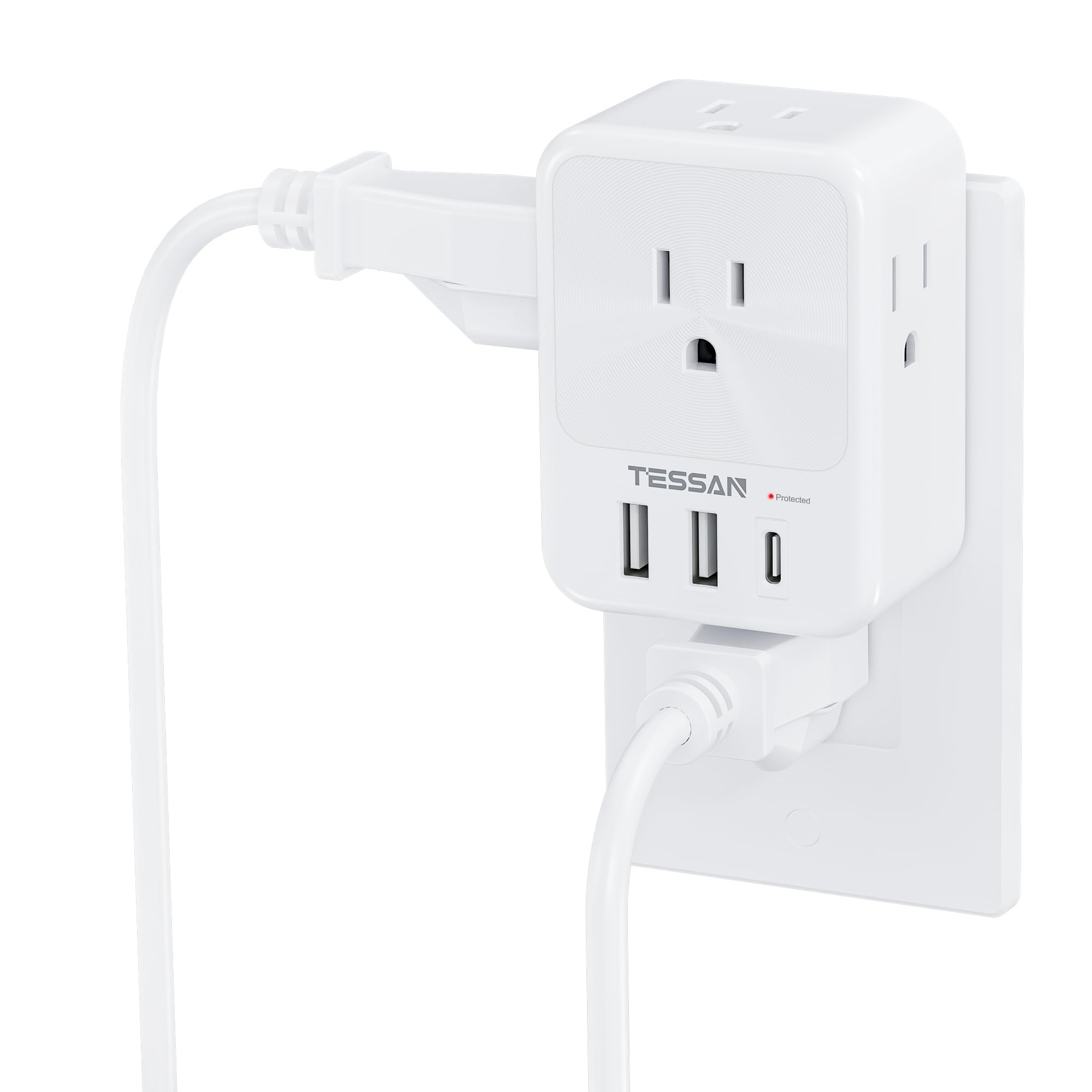 Usb C Charger Block, Tessan Outlet Extender Surge Protector With 3 Usb Ports (1 Usb C), 4 Ac Multi Plug Wall Outlet, 4 Sided Usb