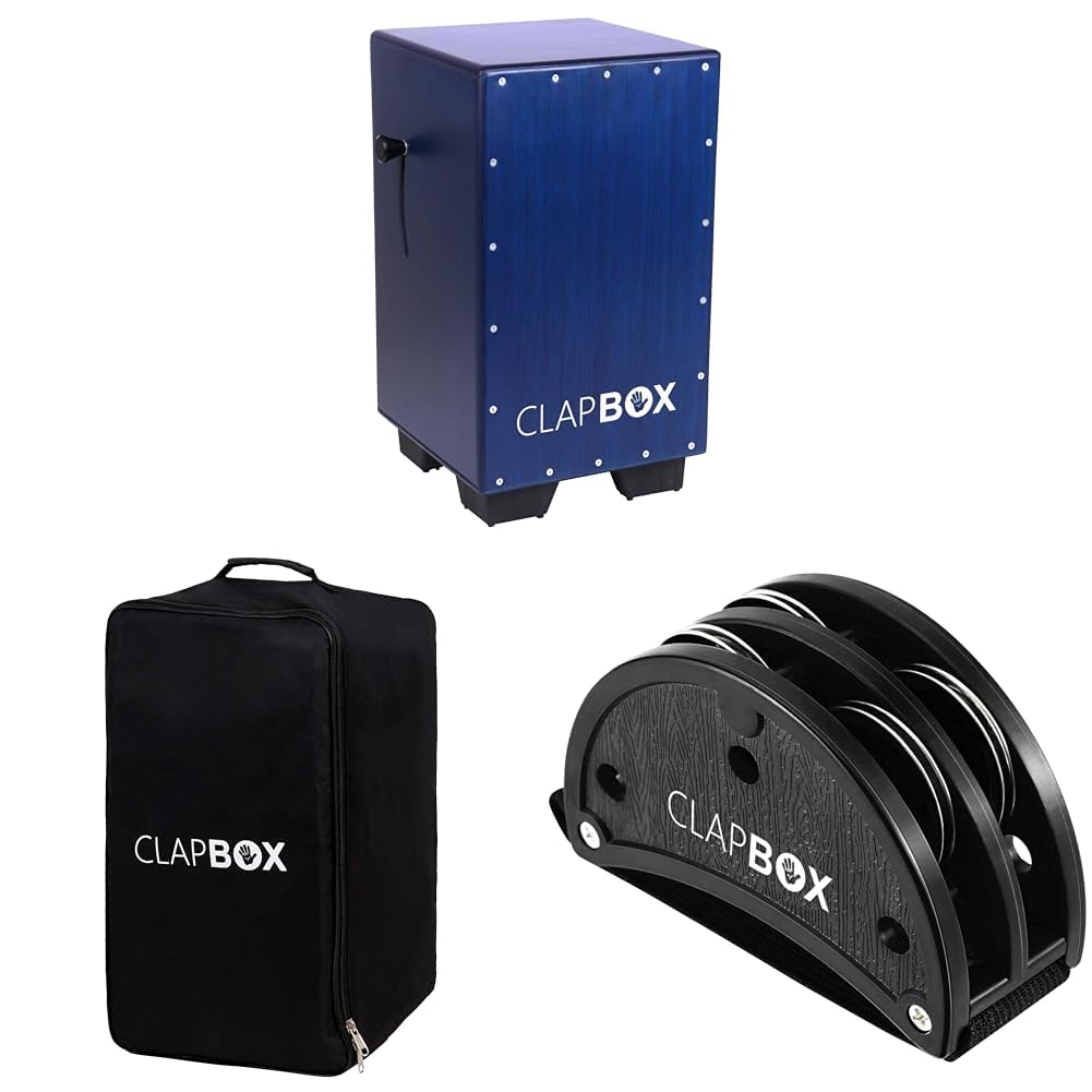 Clapbox Adjustable Snare Cajon in Blue with Birch Wood and Clapbox Cajon Bag, plus Foot Tambourine (Black).