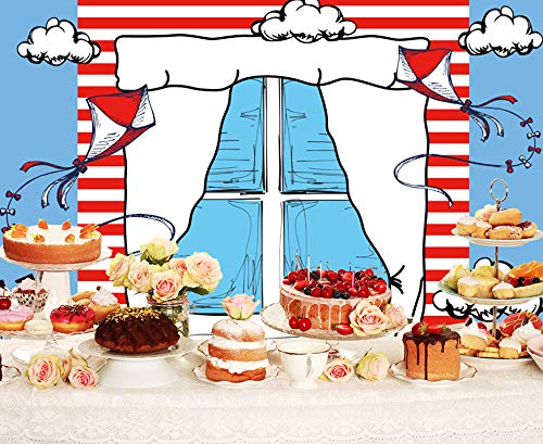 Cartoon Window Backdrops For Photography Kids Birthday Party Background 5X3Ft Blue Red Kite Striped Kids Party Backdrop Boys Gir