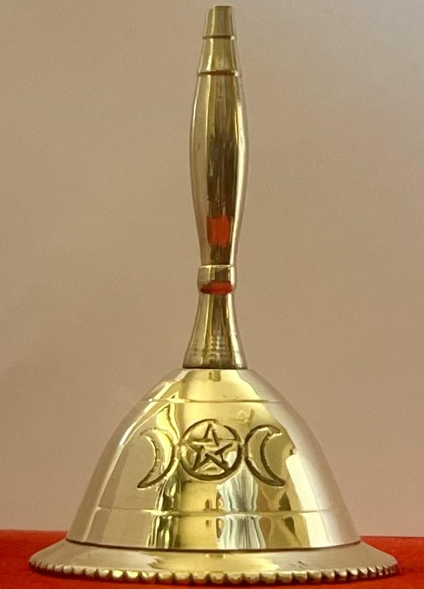 Indian Consigners Hand Bell Loud Brass Call Bells 3 Inches Altar Pendulam Use (Triple Moon Pentagram)