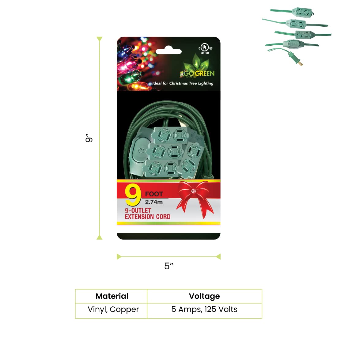 Go Green Power (Gg 24509Gn) 18/2 Spt 2 Gauge 9 Outlet Extension Cord With Safety Fuse Male Plug, Green, 9 Ft