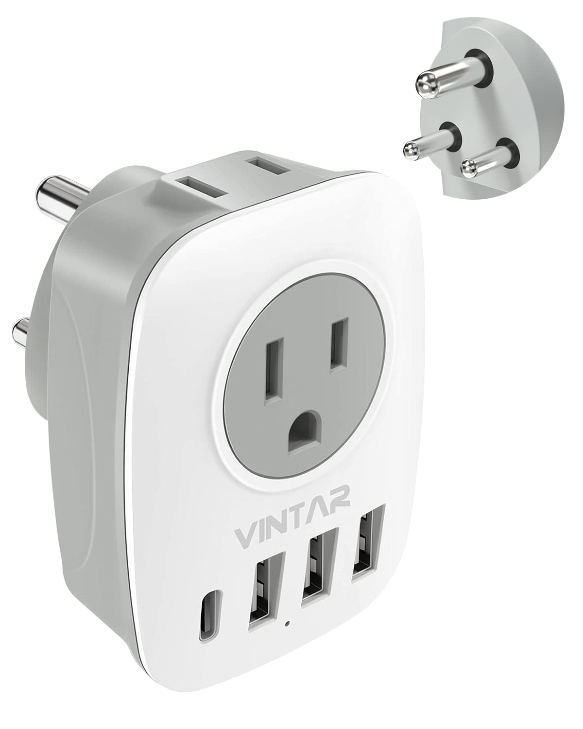 Us To India Plug Adapter, Vintar Type D Travel Adapter With 1 Usb C, 3 Usb Ports And 2 American Outlets, 6 In 1 India Power Adap