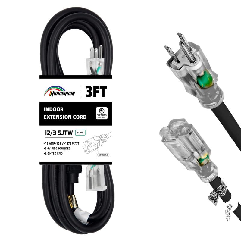 Honderson Indoor Outdoor Extension Cord Weatherproof With Lighted End, Ul Listed, 12 Gauge 3Ft Black 3 Prong Heavy Duty Extensio