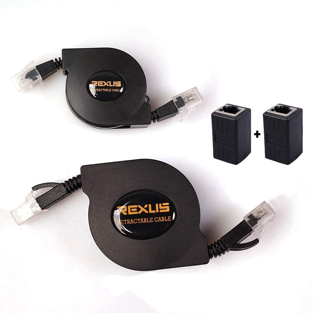 Rexus Retractable Cat 6 Flat Ethernet Network Cable 3.3 & 6.6 Ft Combination, 10 Gigabit High Speed Lan Wires Internet Patch Cab
