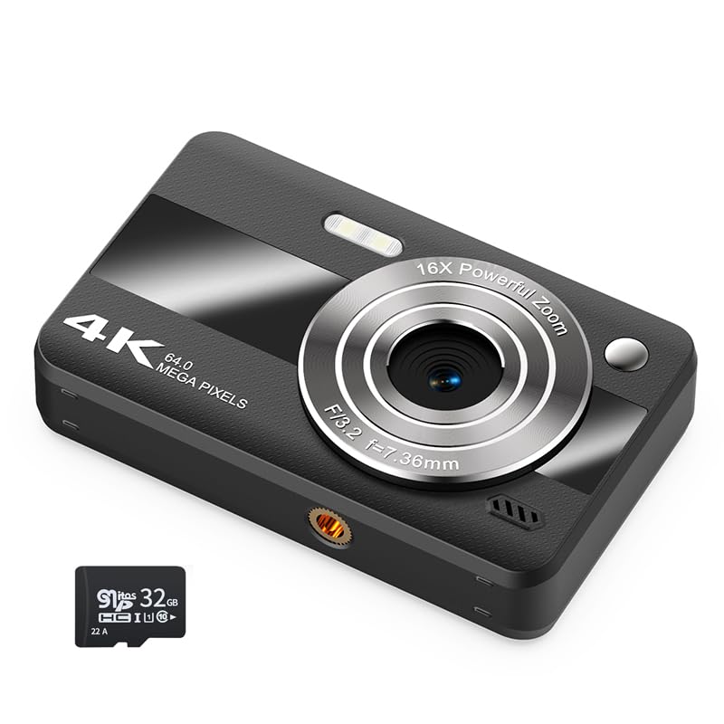 Digital Camera, HD 4K Autofocus Digital Cameras with 32GB Card, 64MP Digital Point and Shoot Camera for Teens with 16X Zoom, 2.4