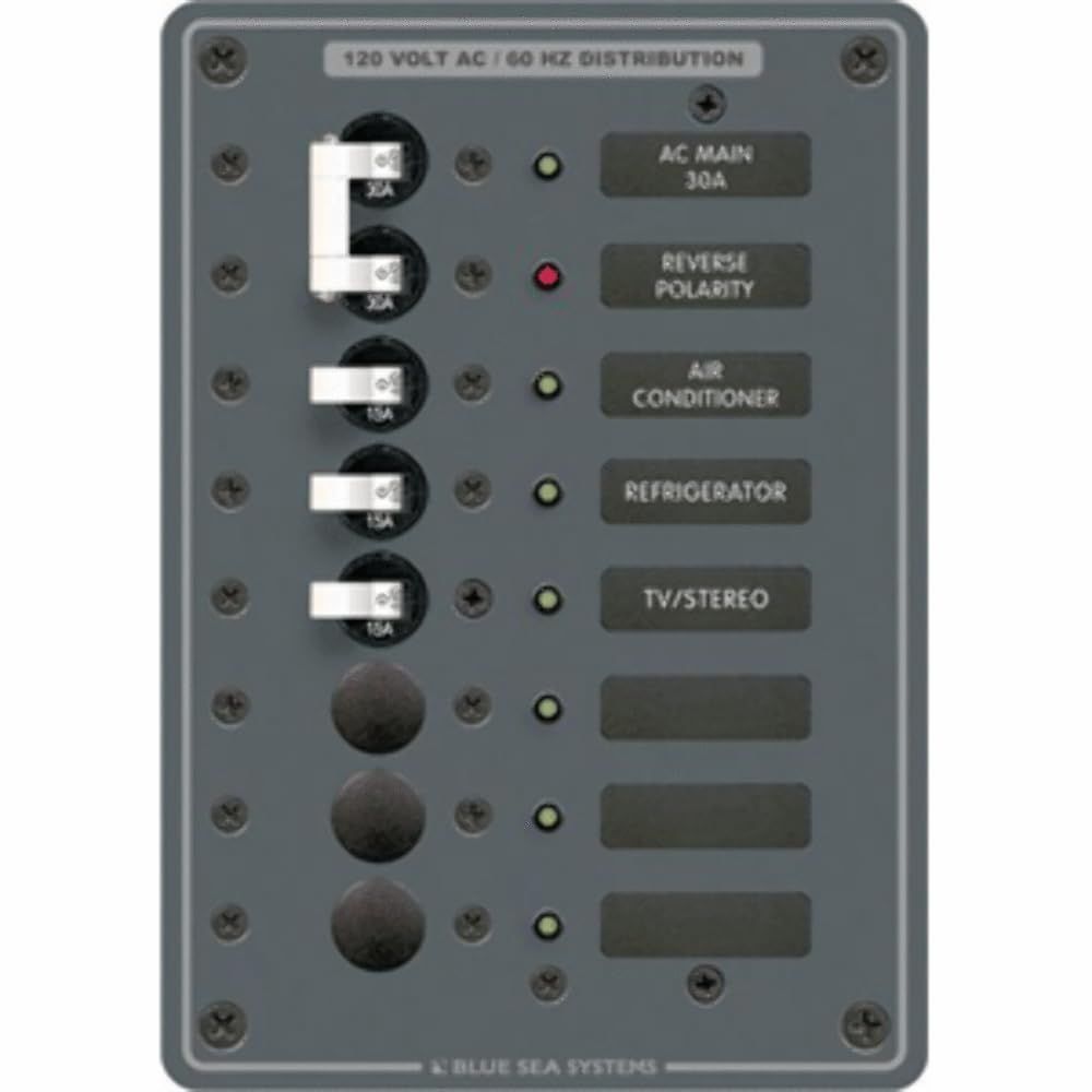 Blue Sea Systems 8027 Traditional Metal Panel, Ac Main + 6 Positions, 5 1/4 W X 7 1/2 H