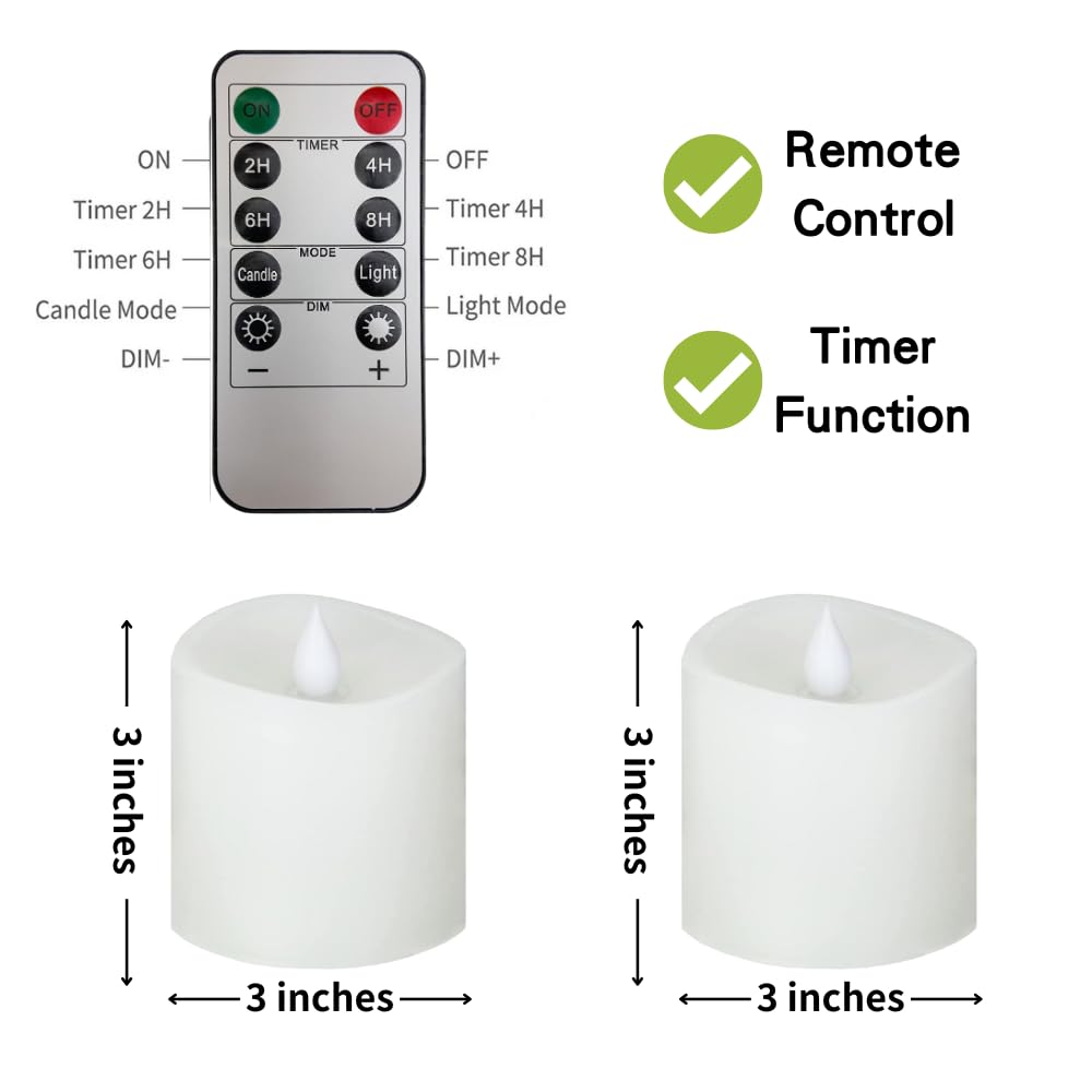 Misstime 3X3 Flickering Flameless Candles Set Of 2,3 Inch Real Wax Led 600 Hours Battery Candles With Timer Remote,Control For W