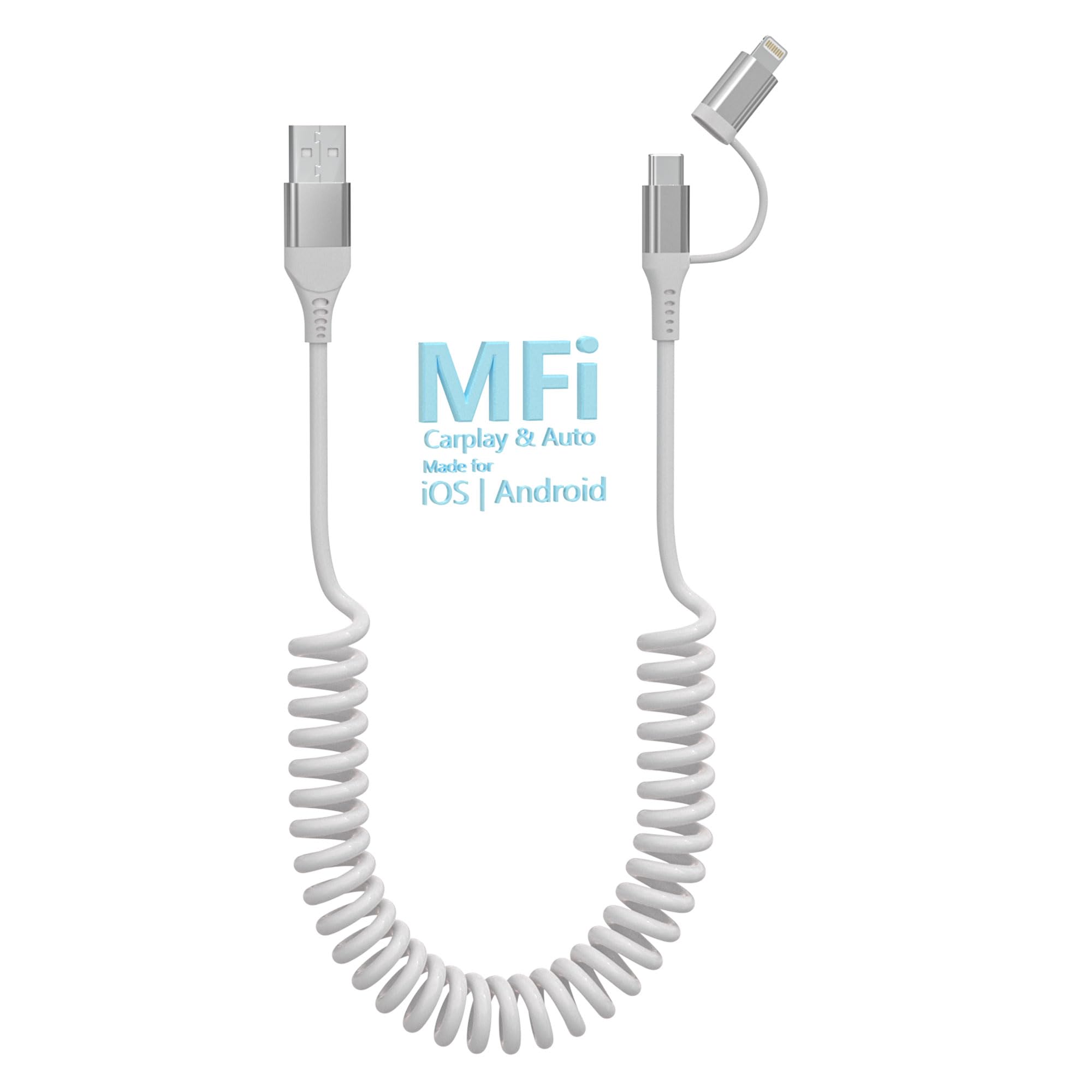 Usb To Usb C And Lightning Cable Coiled 2 In 1,[Mfi Certified] Apple Carplay & Android Auto Cable With 3A Fast Charging & Data Sync,Short Usb To Lightning Cable For Iphone 16/15/14/13/12 Galaxy White