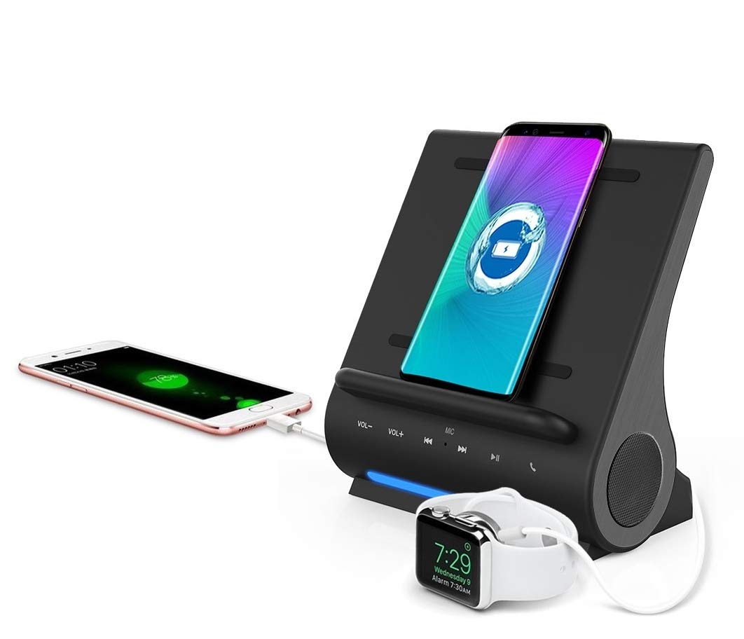 Fast Charging Wireless Charger, Bluetooth Premium Speakers, Docking Station With Built In Mic Handsfree Call, 4 In 1 Station For