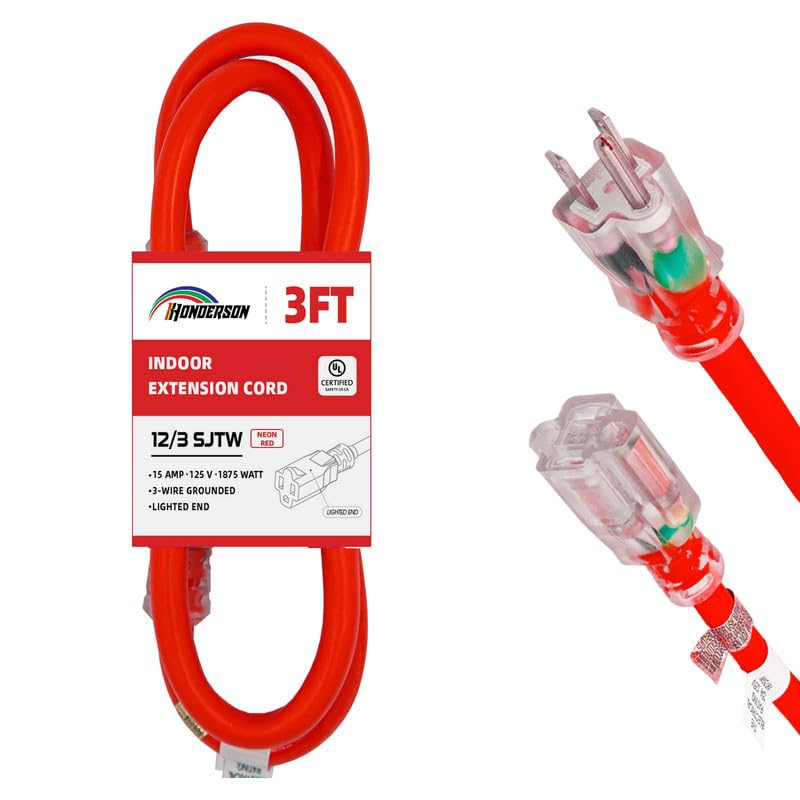 Honderson Indoor Outdoor Extension Cord Weatherproof With Lighted End, Ul Listed, 12 Gauge 3Ft Red 3 Prong Heavy Duty Extension
