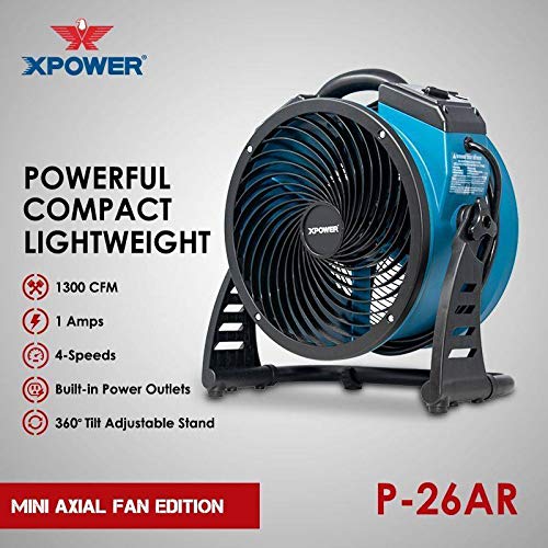 Xpower P 26Ar Industrial Axial Air Mover, Blower, Fan With Build In Power Outlets For Water Damage Restoration, Home And Plumbin