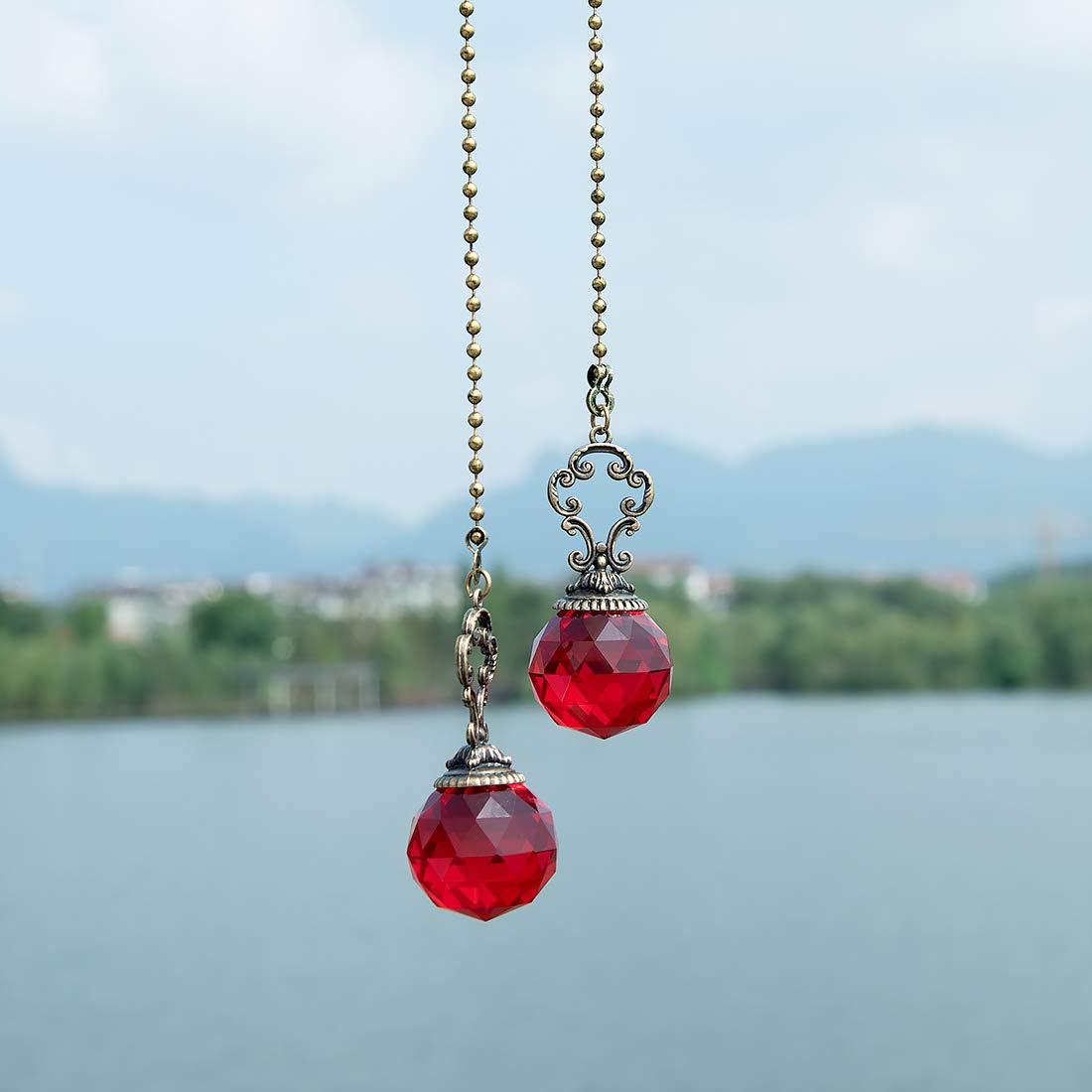 Set Of 2 Vintage Style Red Fan Pull Ceiling Fan Chain Pulls Crystal Prism Ball