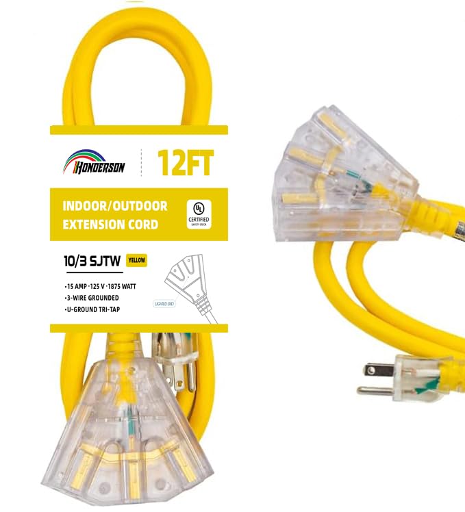 Honderson 3 Outlets Indoor Outdoor Extension Cord Weatherproof With Lighted End, Ul Listed, 10 Gauge 12Ft Yellow 3 Prong Heavy D