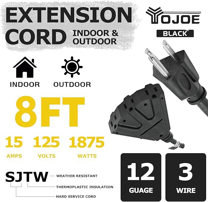 Yojoe 3 Outlets Indoor Outdoor Extension Cord, 3 Prong 15A Weatherproof Power Cord Multiple Outlets, 12 Gauge Heavy Duty 8 Ft Bl