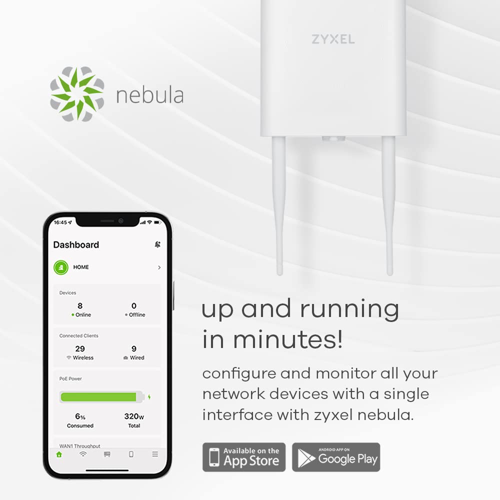 Zyxel True Wifi6 Ax1800 Outdoor Access Point (802.11Ax Dual Band) Small Business Wifi Wsmart Mesh Ip55 Rated & Mu Mimo Poe Power