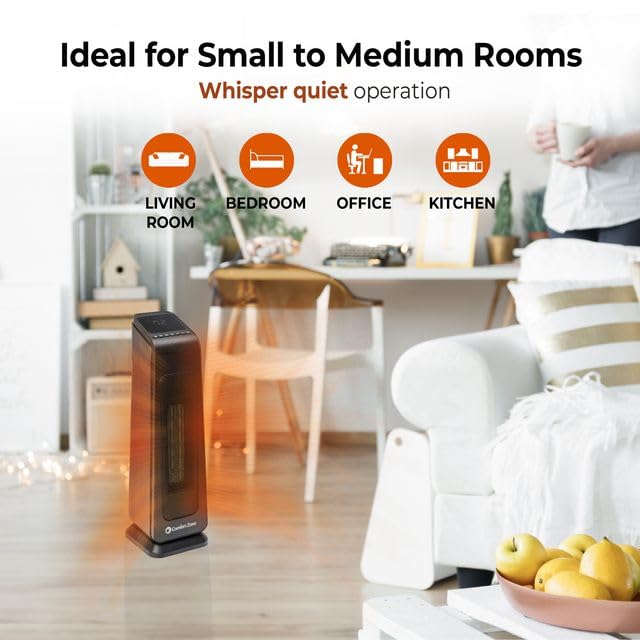 Comfort Zone Space Heaters For Indoor Use, 23 Inch, Remote Control, Thermostat,12H Timer, 4 Modes, 50 Degree Oscillation, Portab