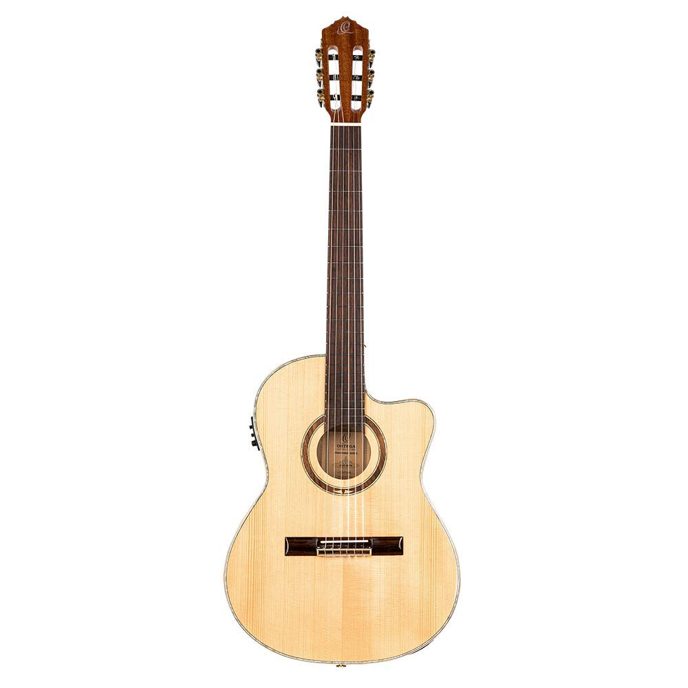 Ortega Guitars 6 String Performer Series Solid Top Thinline Crossover Acoustic-Electric Nylon Classical Guitar W/Bag, Right (Rce
