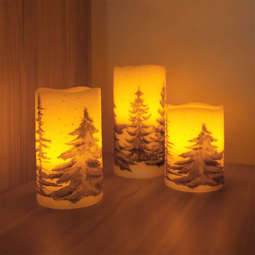 Wondise Flickering Flameless Pillar Candles With Timer, Battery Operated Real Wax Warm Light Christmas Tree Pine Tree Decal Cand