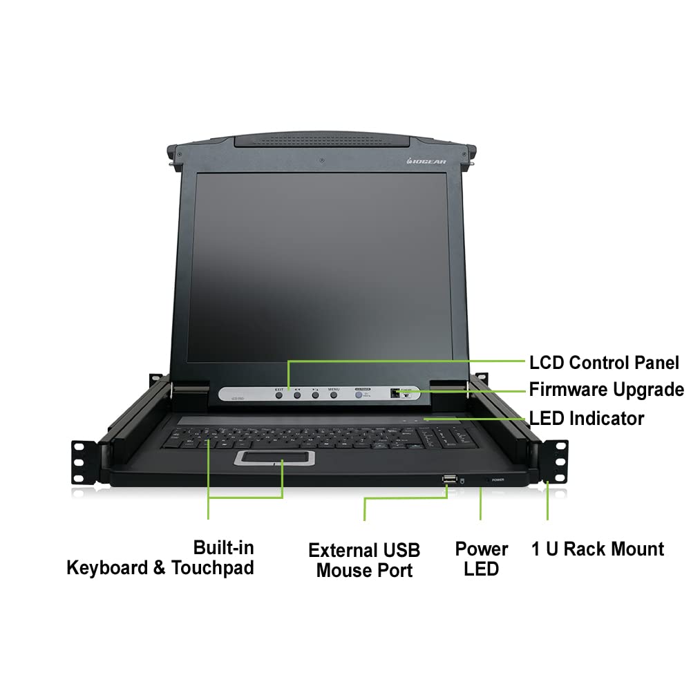 Iogear Rba1025 1 Port Integrated Kvm Console With 17 Inch Tft Lcd Active Matrix Monitor, Keyboard And Touchpad, Gcl1800, Black
