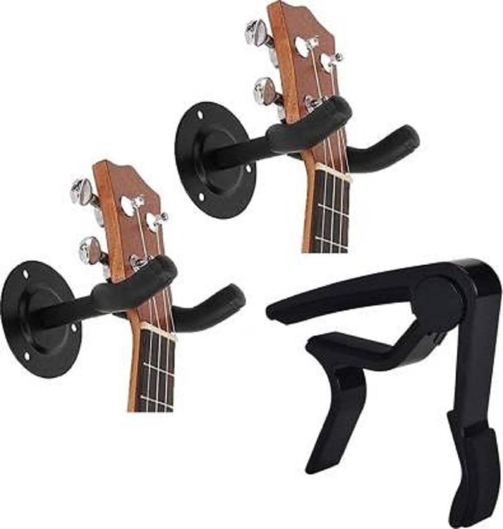 Boombox 2 Guitar Wall Mount Hanger, Hook For Electric,Acoustic Guitar With Quick Change Clutch Guitar Capo (Black)