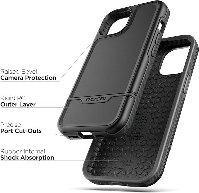 Protective Belt Case Designed For Iphone 15 With Holster Clip [Rebel Series] Shockproof Heavy Duty Cover With Phone Holder (Blac