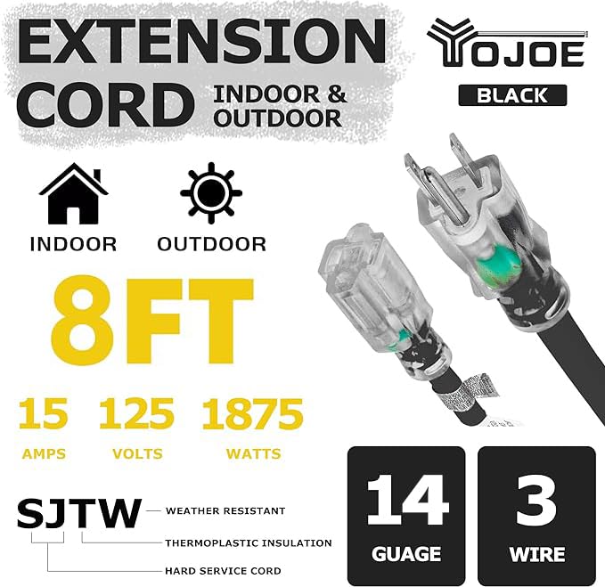Yojoe Indoor Outdoor Extension Cord With Lighted End, 3 Prong 15A Weatherproof Power Extension Cord, 14 Gauge Heavy Duty 8 Ft Bl