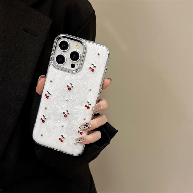 Cute Case For Iphone 16,Red Cherry Pearls With Phone Charm Chain,Pearlized Fruit Case For Women Girls Designed Shockproof