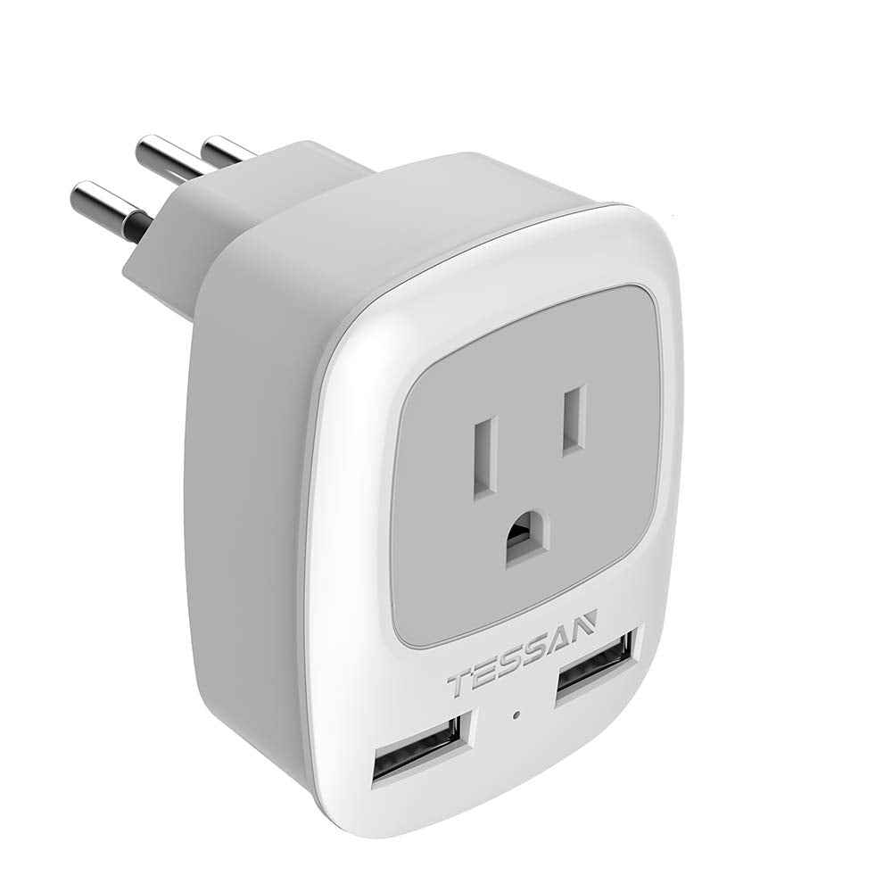Tessan Brazil Power Adapter Travel Plug, 3 In 1 Usa Outlet Adapter With 2 Usb Charging Ports And Us Grounded Input For Usa To Br