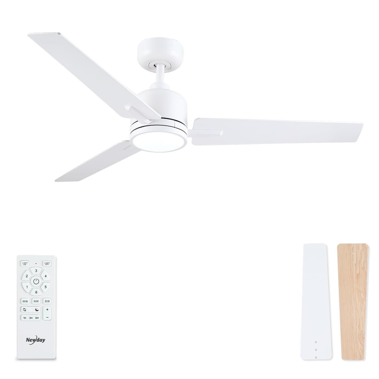 Newday 52 Inch White Ceiling Fan with Lights and Remote, Modern DC Motor Ceiling Fan with 3 Reversible White/Natural Wood Blades