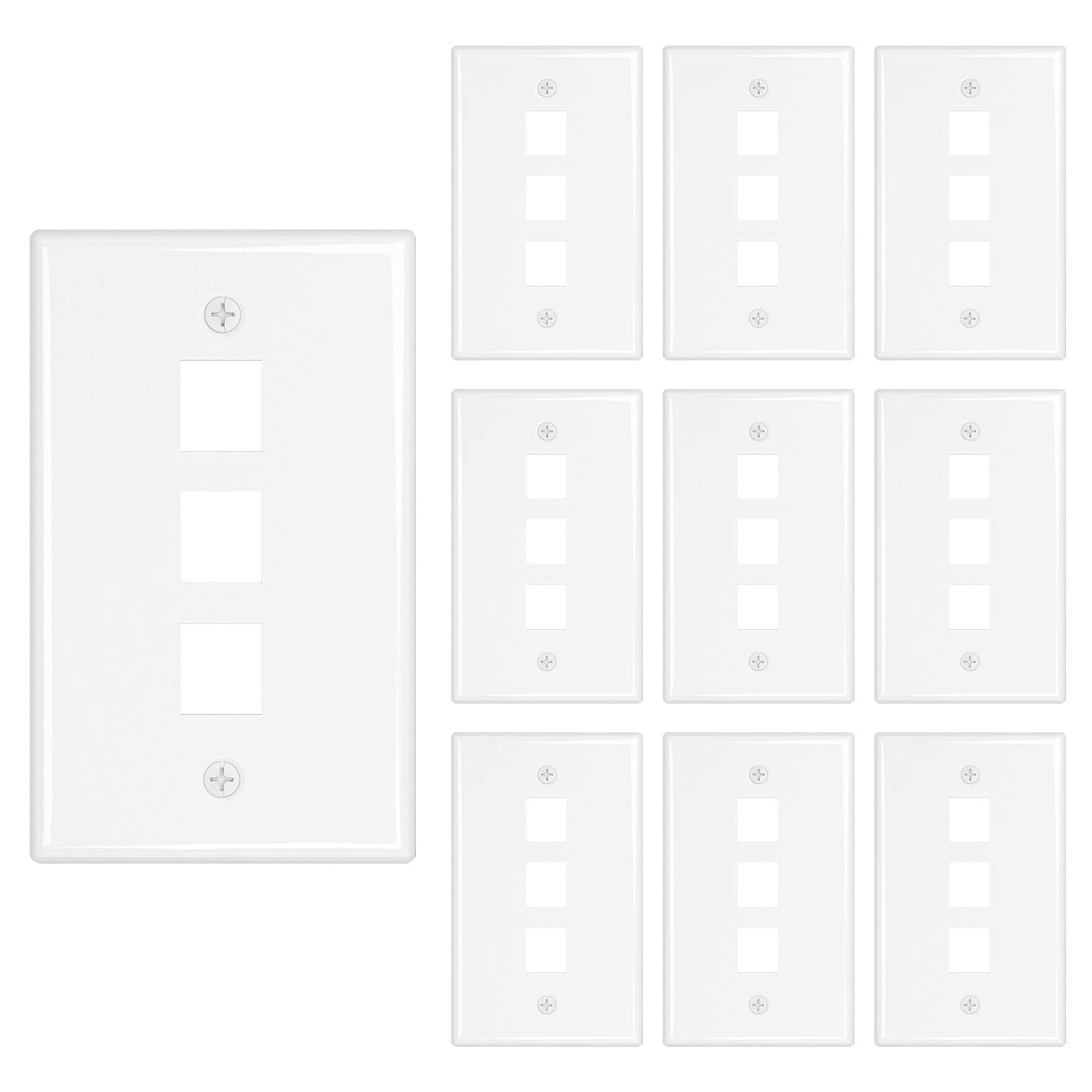 Iwillink 3 Port Keystone Jack Wall Plate 10 Pack, Low Profile Ethernet Wall Plate Single Gang Wall Plates For Keystone Jack, Whi