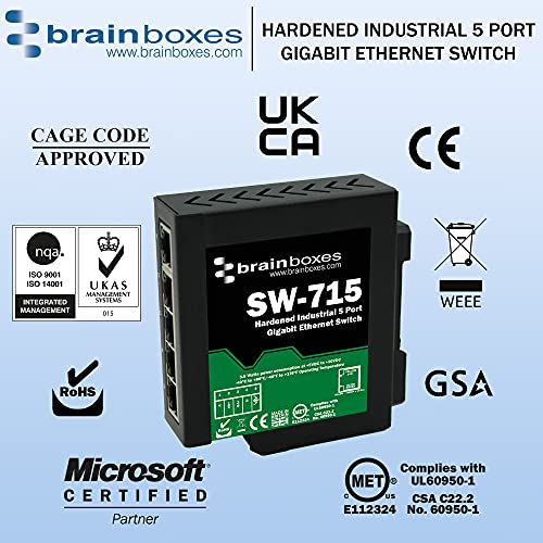 Brainboxes - Sw-715 - Brainboxes Hardened Industrial 5 Port Gigabit Ethernet Switch Din Rail Mountable - 5 Ports - Taa Compliant
