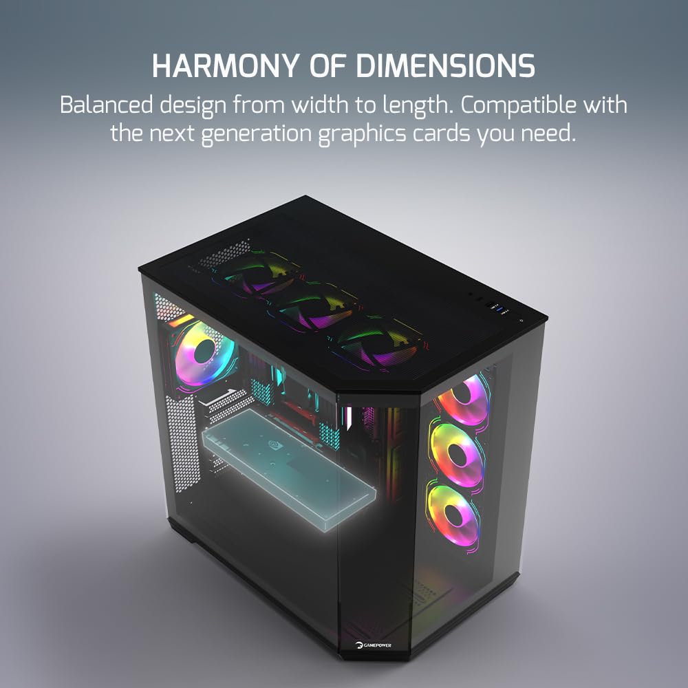 Gamepower Warcry Edge Mid Tower Atx Gaming Pc Case, Elegant Design, Dual Compartment Tempered Glass, Includes 1X Pwm Fan, Type C