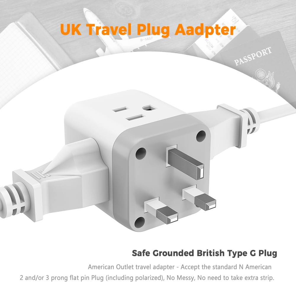 Tessan Us To Uk Plug Adapter, Type G Uk Travel Plug Adapter, Ireland Scotland Dubai Power Converter With 3 Outlets And 2 Usb Por