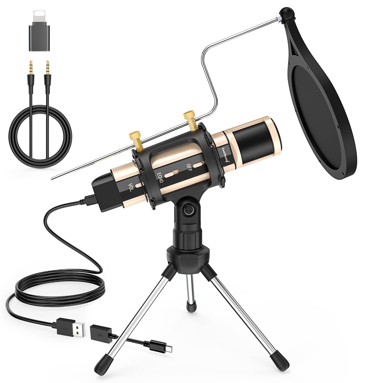 ZealSound Microphone,USB&3.5mm Mic W/Type-C Adapter for i-Phone Computer phone,Condenser Microphone with Echo Volume,Tripod Stan
