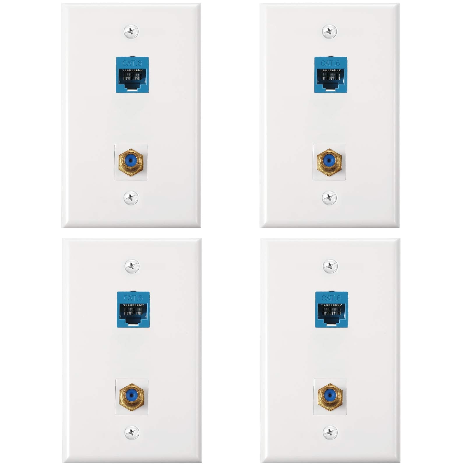 4 Pack Ethernet Coax Wall Plates, Cat6 Coax Wall Plate With Ethernet Port And Gold Plated Tv Coax Cable F Type Port (Blue)