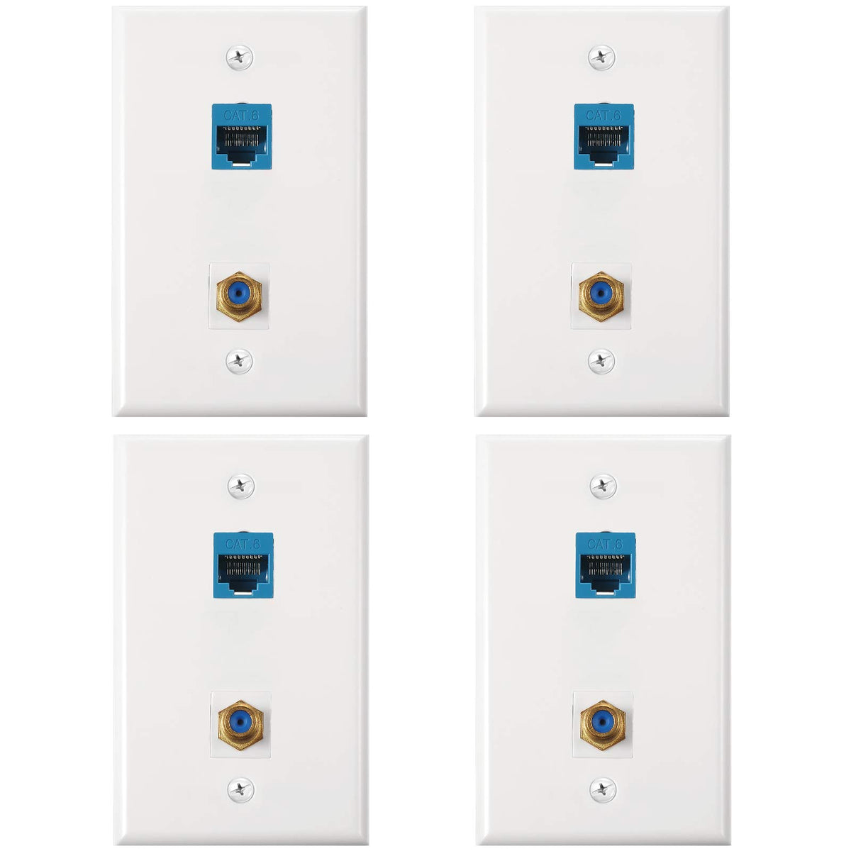 4 Pack Ethernet Coax Wall Plates, Cat6 Coax Wall Plate With Ethernet Port And Gold Plated Tv Coax Cable F Type Port (Blue)