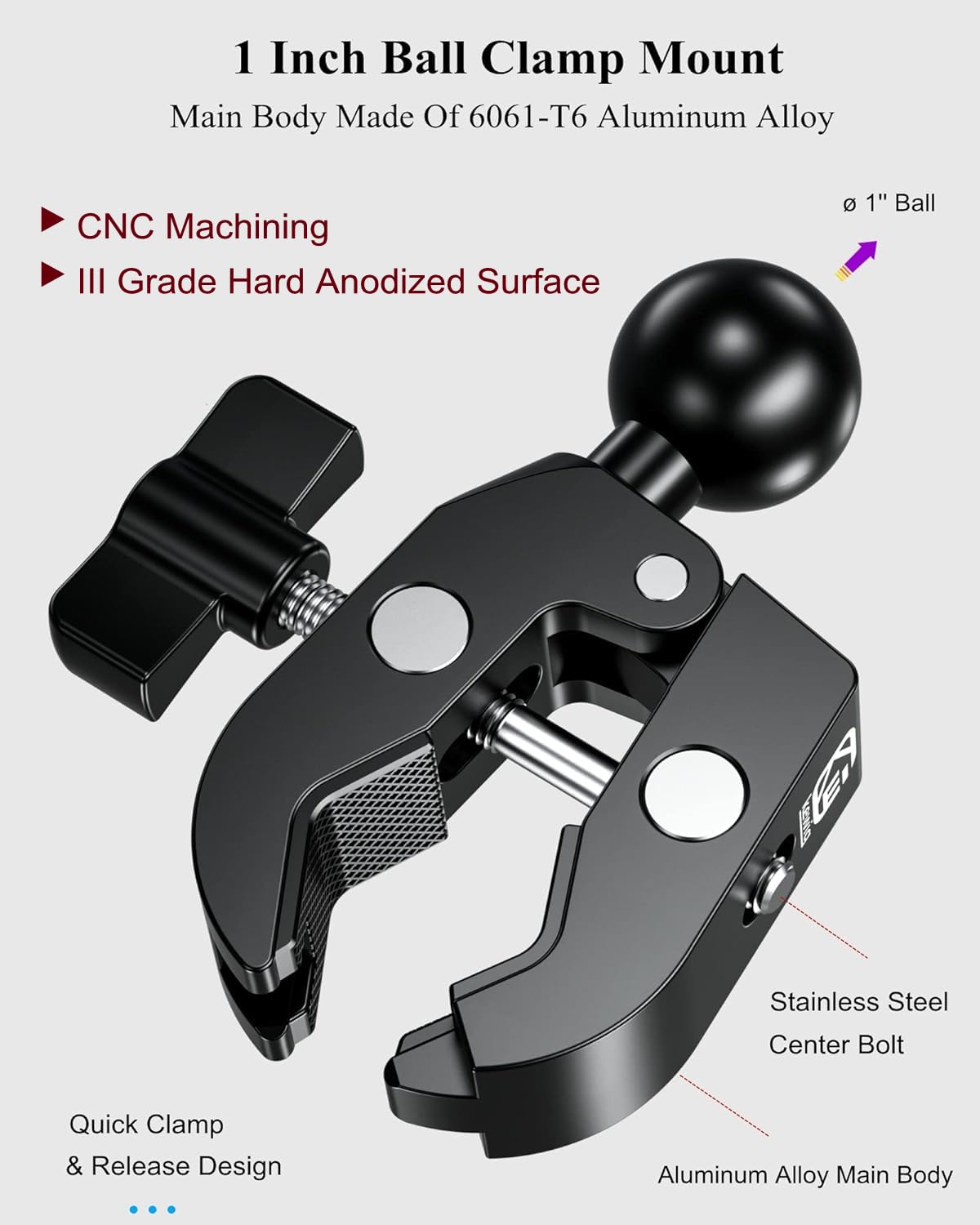 Brcovan Aluminum Alloy Handlebar Clamp Mount Base With 1'' Tpu Ball For Rails 0.5'' To 2'' In Diameter, Compatible With Ram Moun