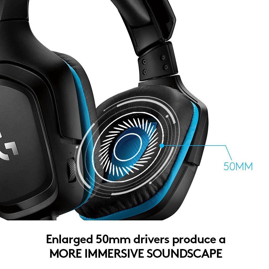 Logitech G432 Wired Gaming Headset, 7.1 Surround Sound, Dts Headphone:X 2.0, Flip To Mute Mic, Pc (Leatherette) Black/Blue