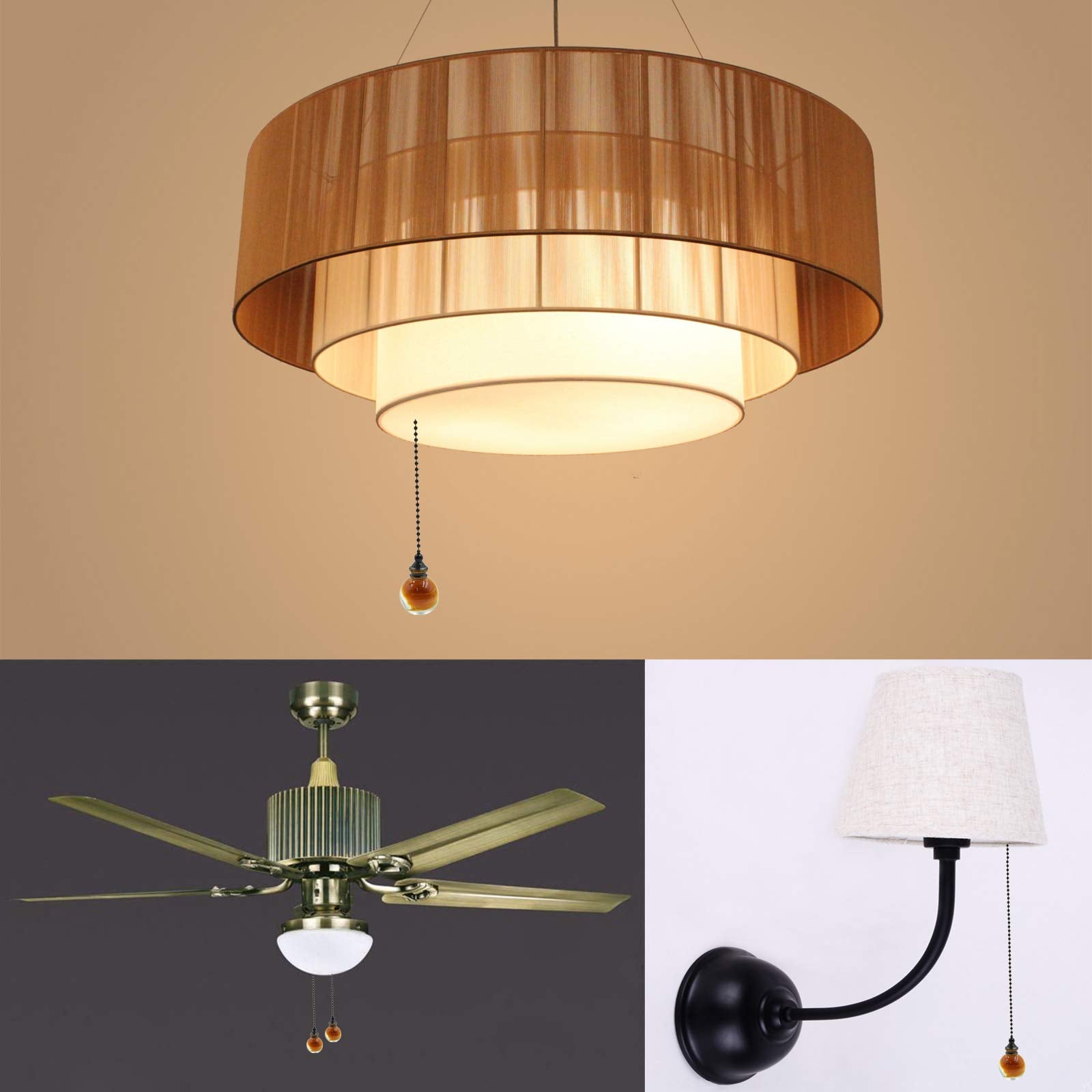 Hxchen 2Pcs 305Mm/12 Bronze Pull Chain Amber Ball Pendant For Ceiling Fan