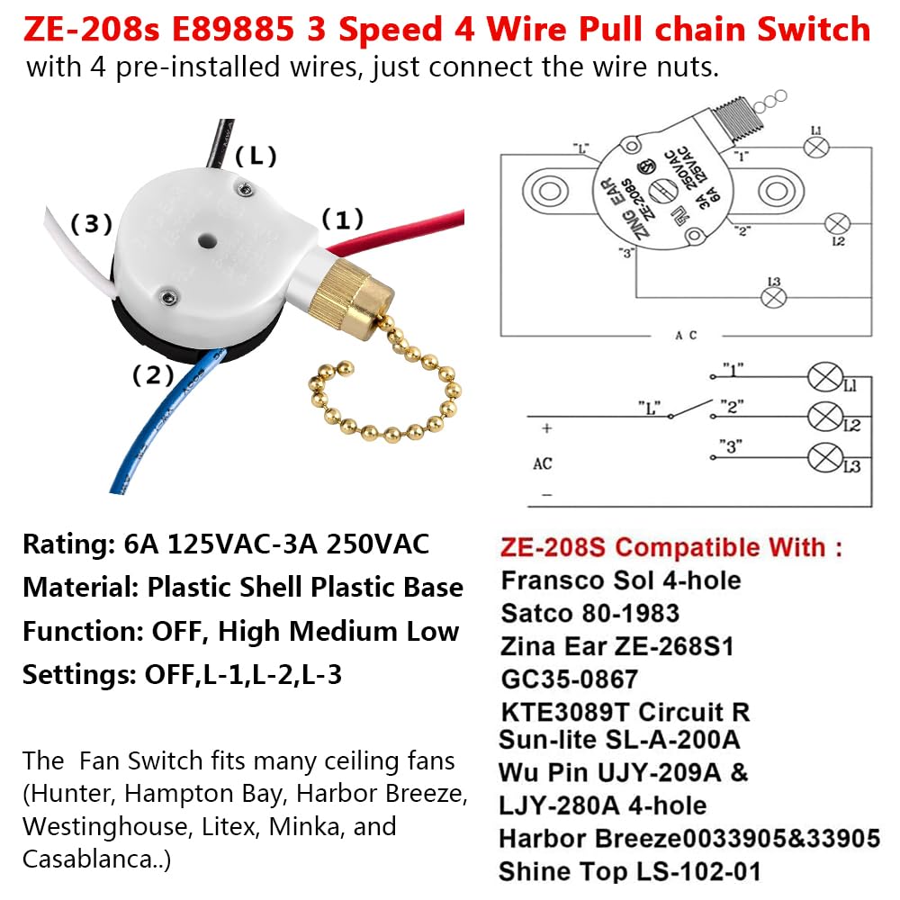 Ceiling Fan Switch Zing Ear Ze 208S E89885 3 Speed 4 Wire Pull Chain Switch Fan Light Switch Replacement Part With 4 Pre Install