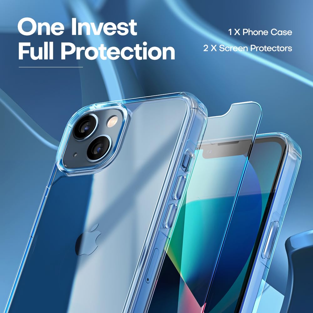 Tauri 3 In 1 For Iphone 13 Case Clear, With 2X Screen Protector, [Not Yellowing][Military Grade Drop Protection] Slim Shockproof