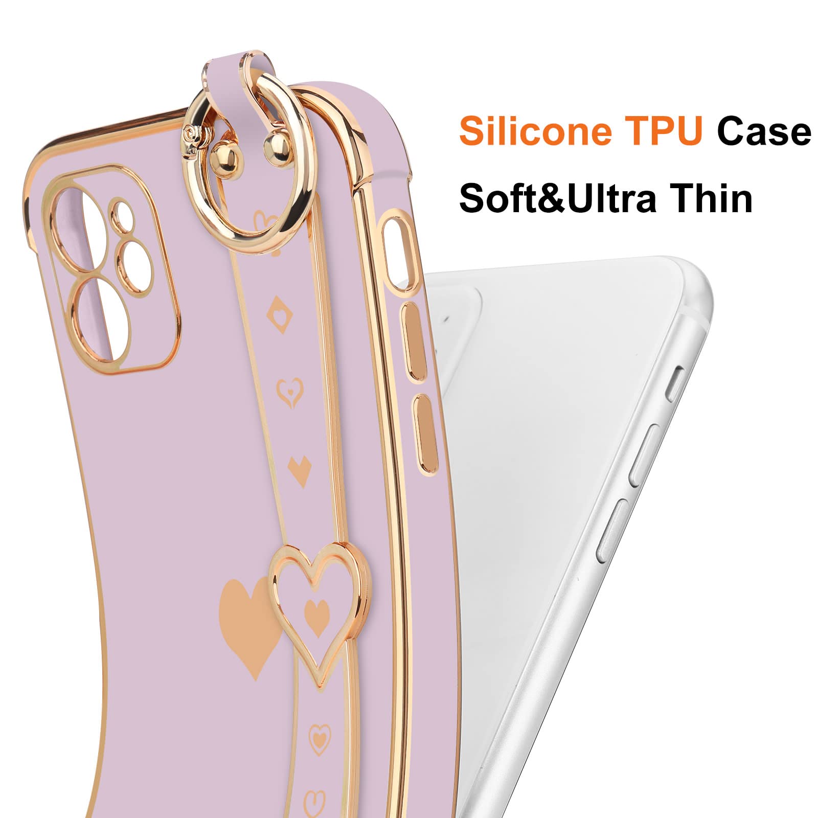 Llz.Coque Iphone 11 Cute Love Heart Case With Wristband, Bling Silicone Bumper, Camera Lens Protection   Purple (6.1'')