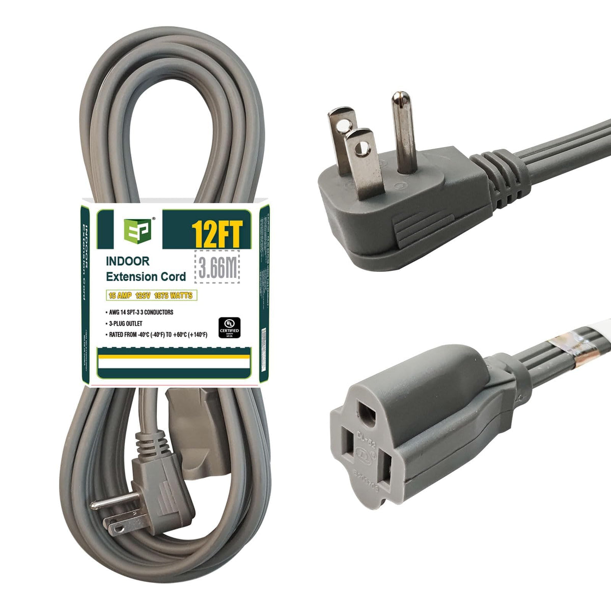 Ep 12 Ft Heavy Duty Appliance Extension Cord   14 Gauge 3 Prong Grounded Cable Wire, Ideal For Air Conditioners, Refrigerators,