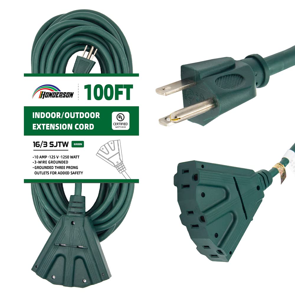 Honderson 3 Outlets Indoor Outdoor Extension Cord Weatherproof, Ul Listed, 16 Gauge 100Ft Green 3 Prong Heavy Duty, 16/3 Sjtw 10