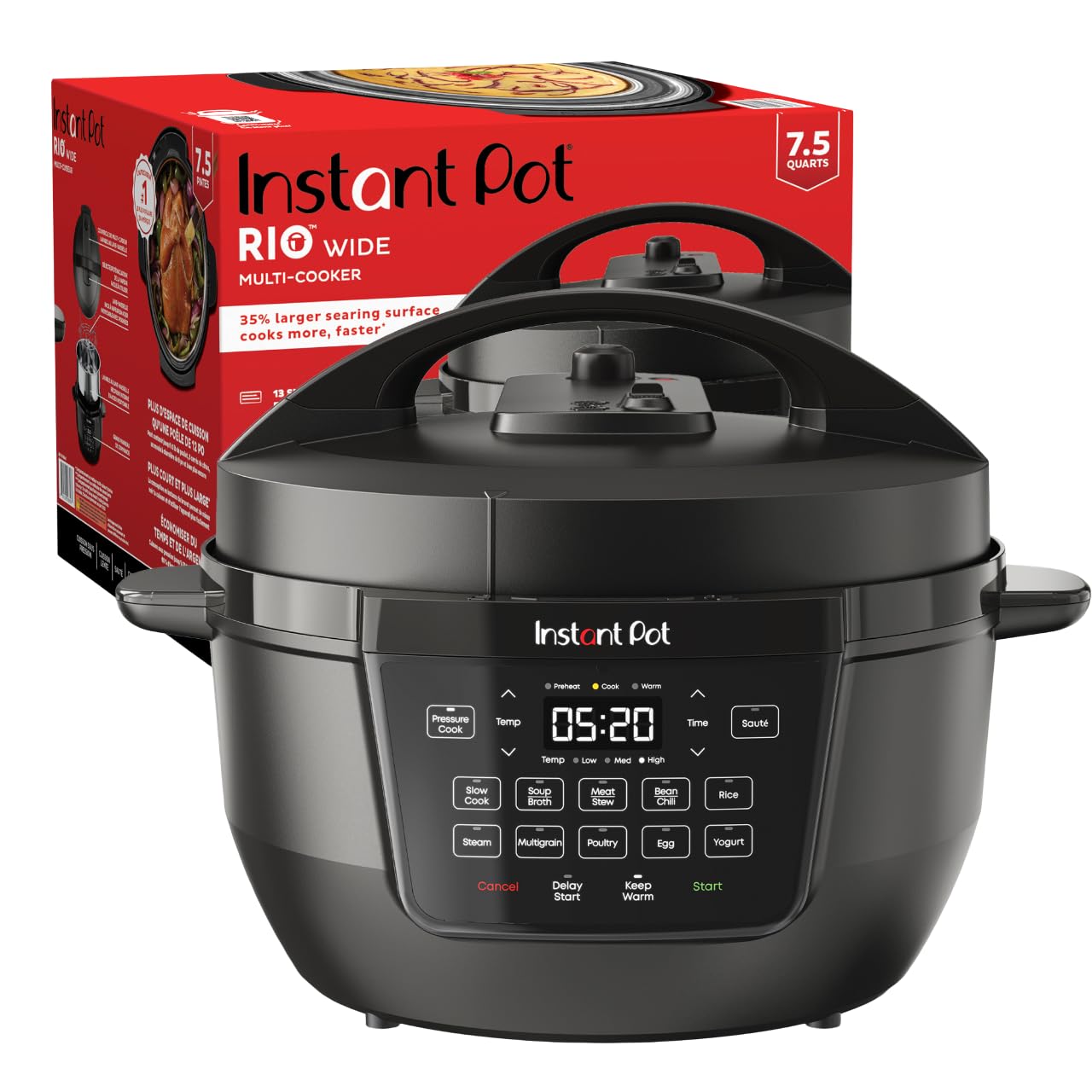 Instant Pot Rio Wide Base, 7.5 Quarts, Large Searing Base, Whisperquiet Steam Release, 7 In 1 Electric Multi Cooker, Pressure Co