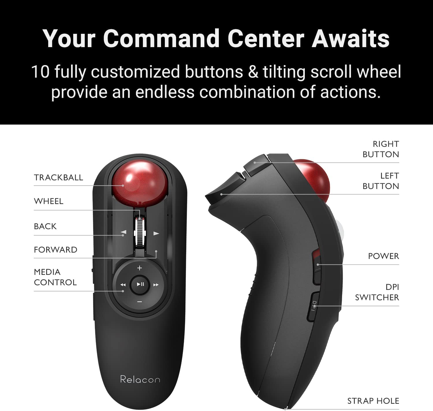 Elecom Relacon Handheld Trackball Mouse, Thumb Control, 2.4Ghz Wireless, Ergonomic Design, 10 Button Function With Smooth Tracking, Windows11, Macos (M Rt1Drbk)