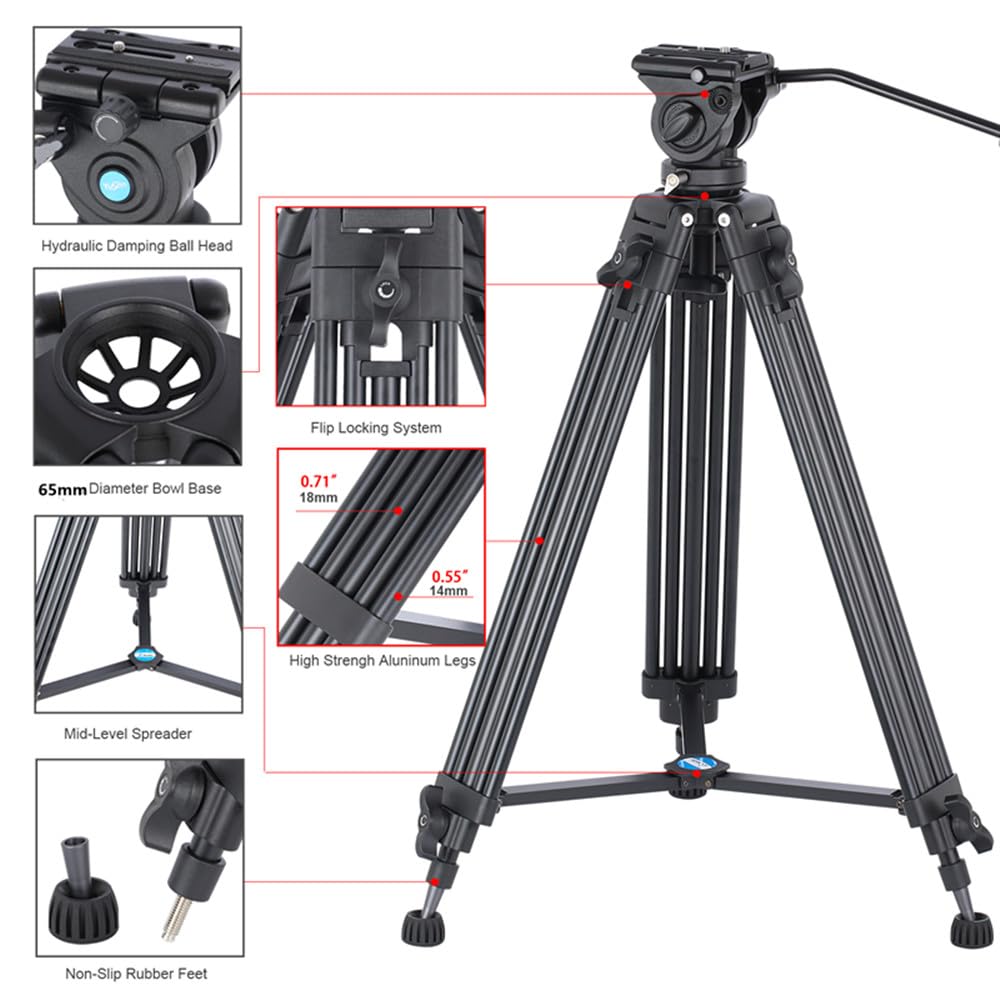 YUSEN Professional Heavy Duty Video Tripod K9 Aluminum Twin Tube 360 Fluid Head Black 62" (182cm) 17.6lb Load